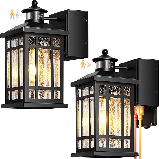 Porch Light with GFCI Outlet, Black Motion Sensor Outdoor Lights 2-Pack, Outside Wall Lights for House, Garage, Doorway, Garden, Aluminum Waterproof and Anti-Rust, Distance and Time Adjustable