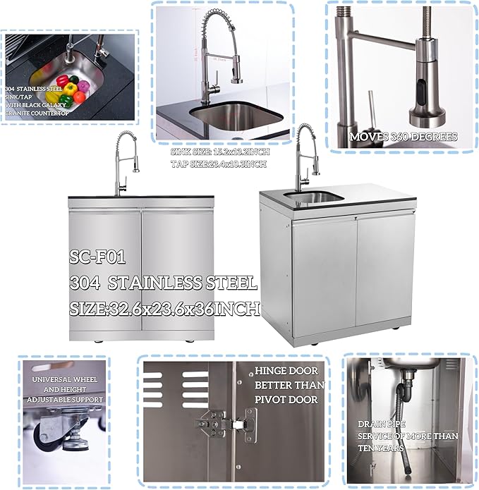 96'' 6-Burner 85000 BTU Deluxe Stainless Steel Propane Gas Outdoor Kitchen Barbecue Island Grill, Wine Cooler Compact Refrigerator, Rotisserie Kit, Granite Countertops, Stainless Steel Sink, Silver