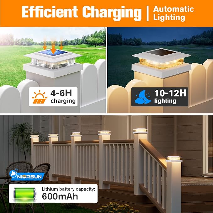NIORSUN Solar Post Cap Lights Outdoor Waterproof, 4x4 Post Solar Lights RGB Color Changing, Fence Posts Solars Light for Deck Patio Garden Deco, 4x4 Posts Caps Wood Vinyl, 5x5 Vinyl, 6 Pack (White)