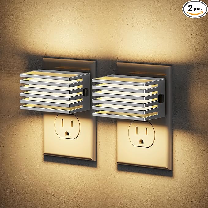 JandCase LED Night Light, Silver Night Lights Plug into Wall with Dusk to Dawn Sensor, Dimmable Plug in Night Light [2 Pack], Adjustable Brightness, 3000K Soft White Nightlight for Bedroom Bathroom