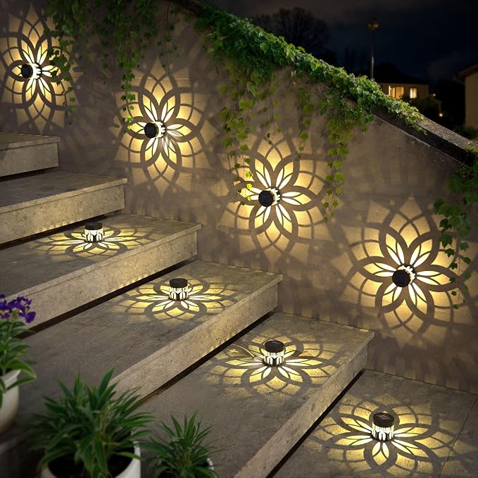 4 Pack Solar Fence Lights Metal Solar Powered Outdoor Wall Deck Step Lights Mandala Theme Waterproof Fence Light for Garden Post Patio Backyard Yard Decor, Gardening Gifts for Women Mom Grandma