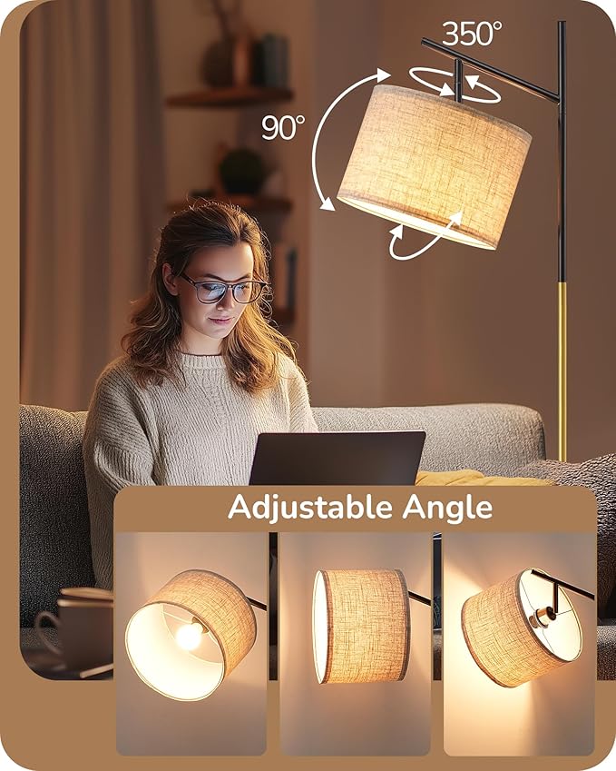 EDISHINE Modern Floor Lamps for Living Room, 64.7" Minimalist Standing Lamp with 3 Color Temperatures Bulb & Adjustable Linen Shade, Foot Pedal Switch, Arc Tall Lamp for Bedroom Office, Black Gold