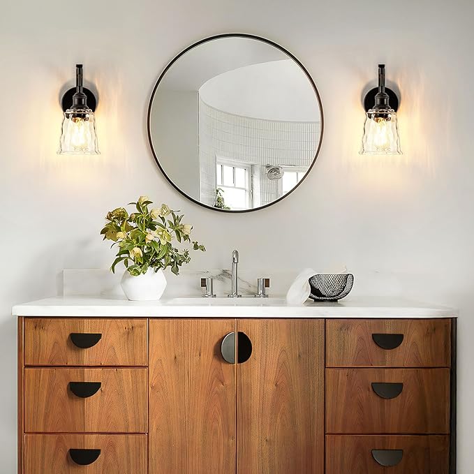 Blck Wall Sconce, Modern Matte Black Sconces Wall Lighting, Vintage Glass Light Fixtures for Bathroom Vanity Mirror Living Room Bedroom Kitchen Hallway Stairway E26 Hardwire