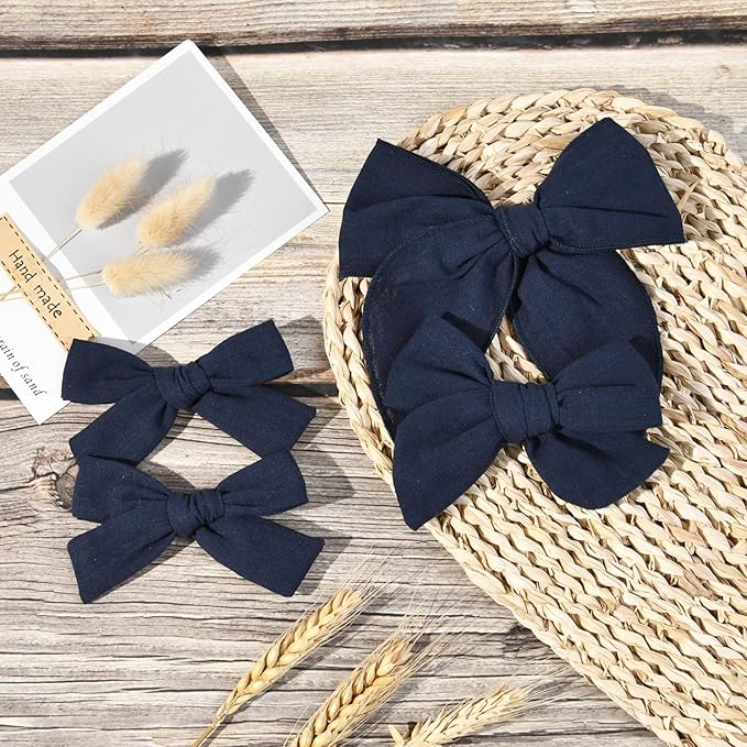DEEKA 4 PCS Navy Blue Cotton Linen Hair Bows 3 Styles 5" & 4" Handmade Hair Bow set for Toddler Girls Alligator Hair Clips Knot Bows Hair Accessories for Little School Girls (Navy Blue)