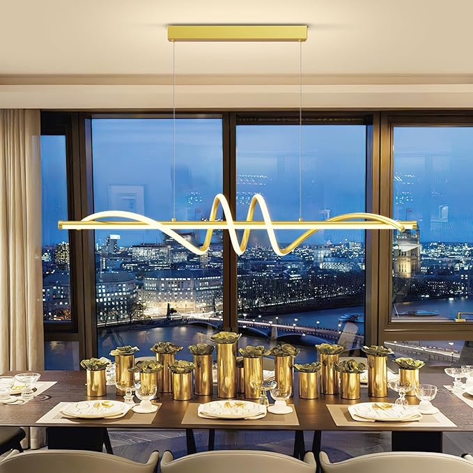 Modern LED Pendant Lights, 47in Gold Chandelier Dimmable with Remote Control 3000k-6000K Adjustable Color Temperature, Aluminum Island Lighting Lamp Fixture for Kitchen, Dining Room