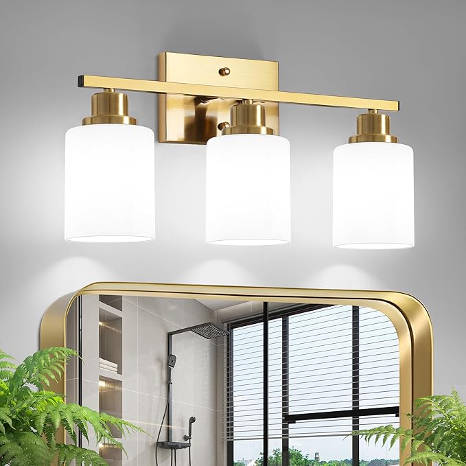 Ascher Bathroom Light Fixtures, 3-Light Vanity Light Over Mirror, Gold Wall Sconces with Milky White Frosted Glass Shades, Wall Lamp for Living Room Bedroom, E26 Base(Bulbs Not Included)