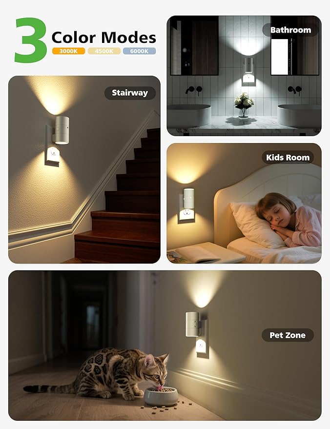 JOFIOS Night Lights Plug Into Wall,3 Color Temperatures LED Night Light Plug in,Dusk to Dawn Sensor,0-100LM Adjustable Brightness,Dimmable Night Lights for Hallway Bathroom Stair Bedroom,White,8 Pack
