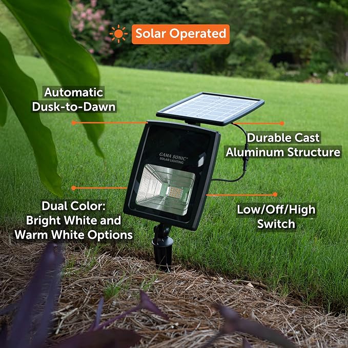 Gama Sonic Dual Color Solar Flood Light, Outdoor Black Cast Aluminum, Stake or Flat Mount Uplight for Trees, House, Landscaping, Walls with Detachable Solar Panel 2-Pack 203iP250090