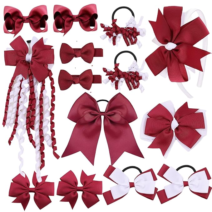 School Hair Accessories Set 14 Pcs Uniform Hair Bow Headband Clips Hair Ties Curly Korker Bows for Little Toddler School Girls (Burgundy&White)