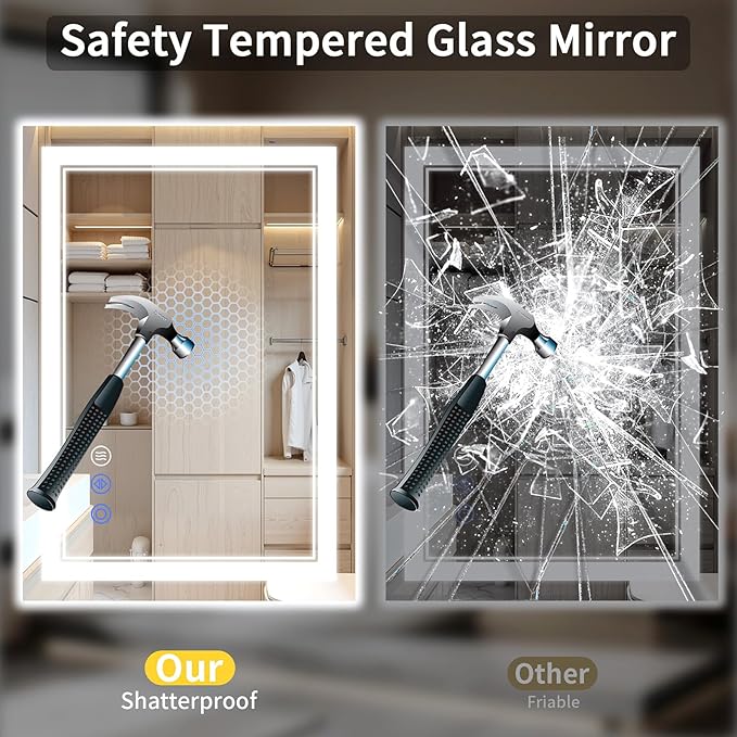 26"x38" Bathroom Mirror with Lights, Anti-Fog, Backlit + Front Lit, Dimmable, Led Vanity Mirror for Wall, Lighted Bathroom Mirror, 3 Colors, Shatter-Proof Tempered Glass