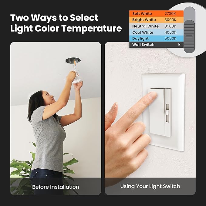 Feit Electric 6" LED Canless Recessed Downlights with Tethered Jbox, Slim, 65W Replacement, Dimmable, 5CCT Adjustable White, 90 CRI, 850 Lumens, LEDR6XT/6WYCA/6, 6 Pack