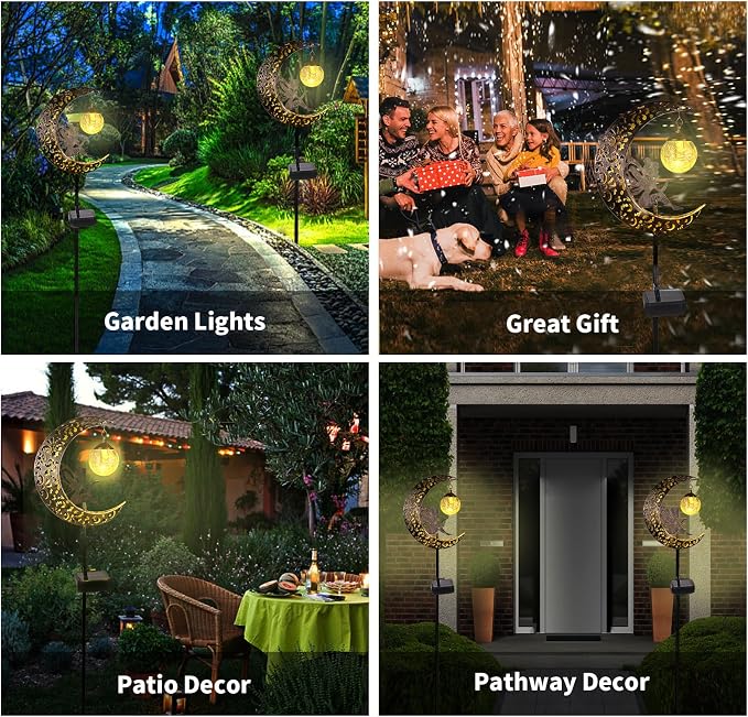 Solar Garden Lights Outdoor Decor,Moon Fairy Crackle Glass Lights,Waterproof Warm White LED Metal Stake Ornament,for Walkway Backyard Patio Lawn Pathway Decorations-Unique Gift Ideas for Gardening
