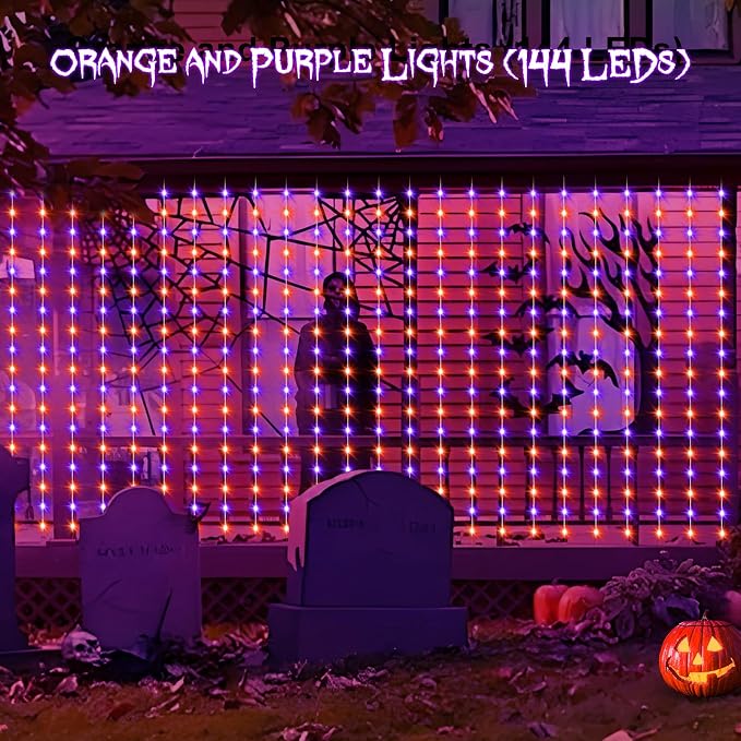 echosari Solar Halloween Curtain Lights Outdoor, 7.9ft x 6ft 144 LED Orange Purple Curtain Lights with 8 Modes Timer Waterproof for Indoor Outdoor Patio Fence Halloween Tree Party Decor