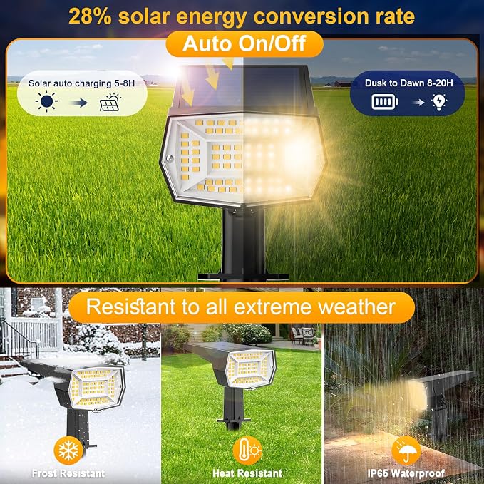 Fabrito 72 LEDs Solar Spot Lights Outdoor Waterproof, 3 Modes Landscape Spotlights, Dusk to Dawn Solar Powered Flood Wall Lights for Outside, Solar Garden Lights for Yard Porch 6 Pack (Warm White)