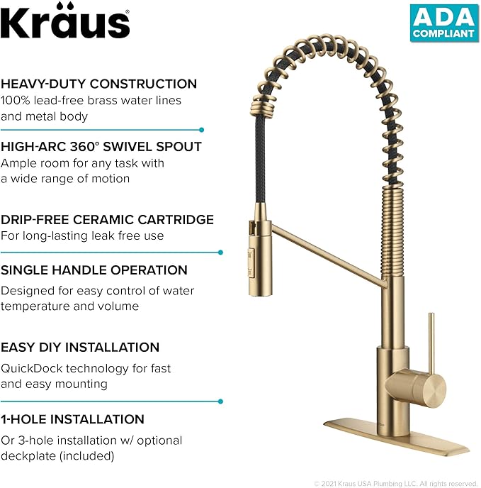 KRAUS Oletto Commercial Style Single Handle Pull Down Kitchen Faucet with QuickDock Top Mount Installation Assembly in Spot Free Antique Champagne Bronze, KPF-2631SFACB