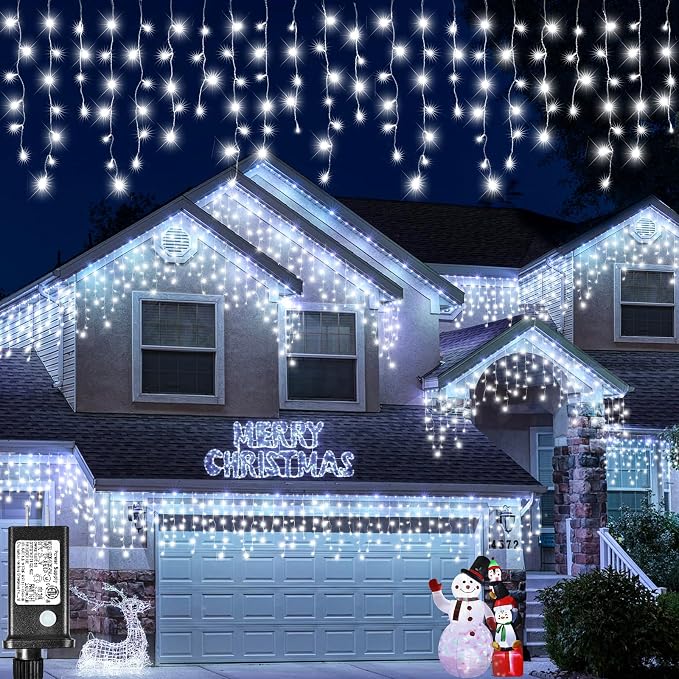 Icicle Lights for Outside - 33FT 400 LED Icicle Christmas Lights Outdoor with 75 Drops 8 Modes, Waterproof Connectable Curtain Hanging Lights for Indoor Eaves Wedding Patio Decorations, Cool White