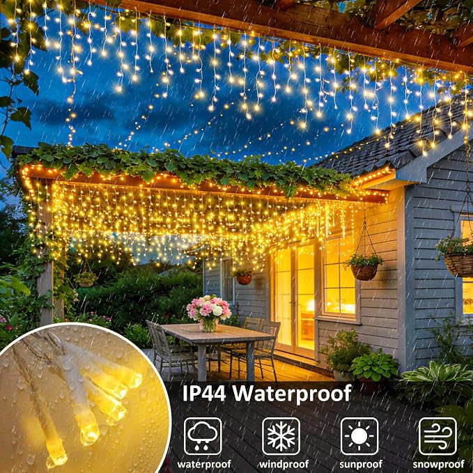 33FT 400 LED Icicle Christmas Lights Outdoor - Warm White Icicle Lights for Outside with 75 Drops 8 Modes, Waterproof Connectable Curtain Hanging Lights for Indoor Roof Patio Garden Party Decorations