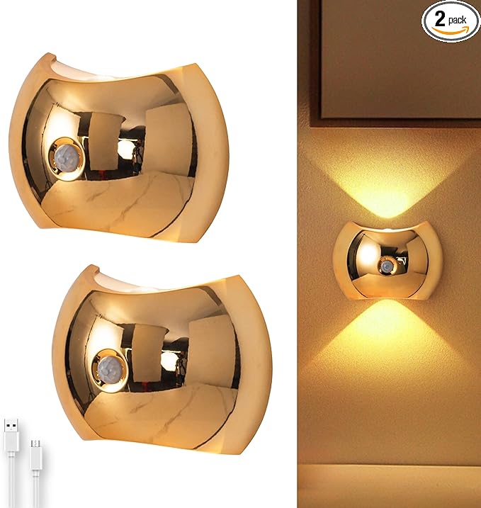 Battery Operated Wall Sconces Set of Two, Rechargeable Wireless LED Wall Lights — Motion Sensor, No Drill Magnetic Mount, 3 Modes, for Bedroom Hallway Stairs, Gold