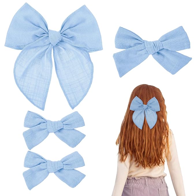 4 Pcs Blue Hair Bow, Cotton Linen Hair Bows, Girls Bows for Hair, Toddler Hair Accessories, Alligator Clips Knot Hair Bows for Girls, Light Blue Bow, 3 Styles & 3 Sizes
