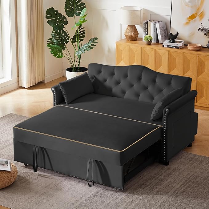 57'' Convertible Sleeper Sofa Bed with Adjustable Backrest, Chaise Lounge, 2 Pillows & Side Storage Pockets – Stylish & Functional Furniture for Living Room or Small Spaces (Black Sofa Bed)