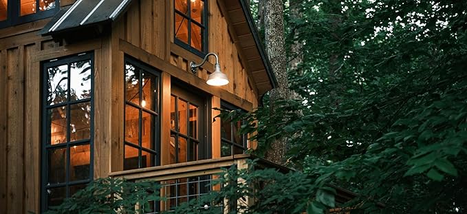 Steel Lighting Co. Hawthorne Barn Light | Outdoor Wall Mounted | 8 inch Dome | 6" Straight Arm | Small Farmhouse Light Made in America | Cream Exterior/Brass Interior