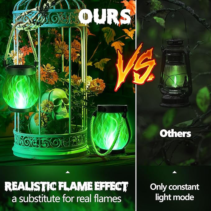 iBaycon 1 Pack Gen2 Solar Lantern Lights USB Halloween Flame Lamp, Green | Solar Garden Lights with Dual Charging USB & Solar, 2 Modes Outdoor Waterproof Hanging Lantern for Home Halloween Decor