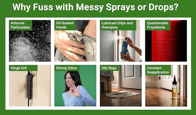 The First-of-Its-Kind Lubricant Cartridge for Squeaky Door Hinges. Mess-Free, Odorless, Sprayless & Prelubricated. Hinge Husher™ Lubricant Cartridges (3 Pack - Black)