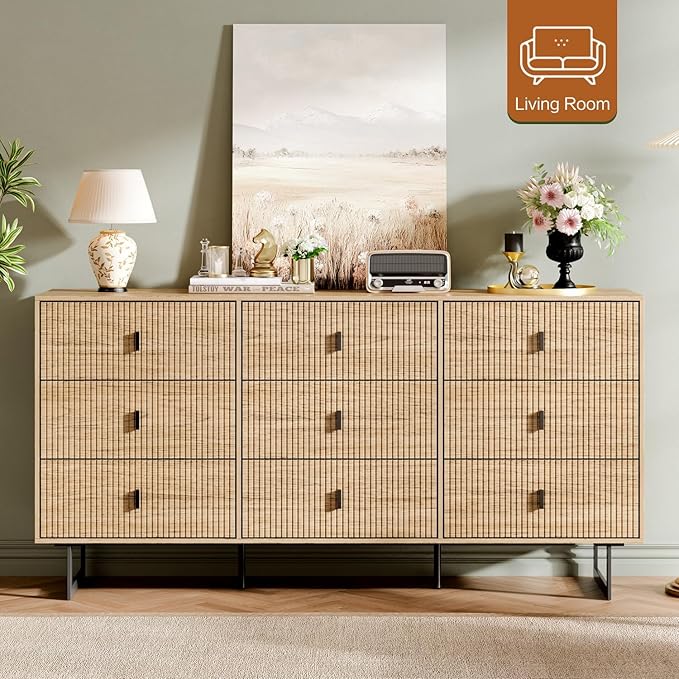 Modern Chest of Drawers with 9 Drawers,Deep Drawers,Clothes Organizer,Large Storage Cabinet for Living Room, Bedroom,Hallway,with Anti-Tipping Device, Oak