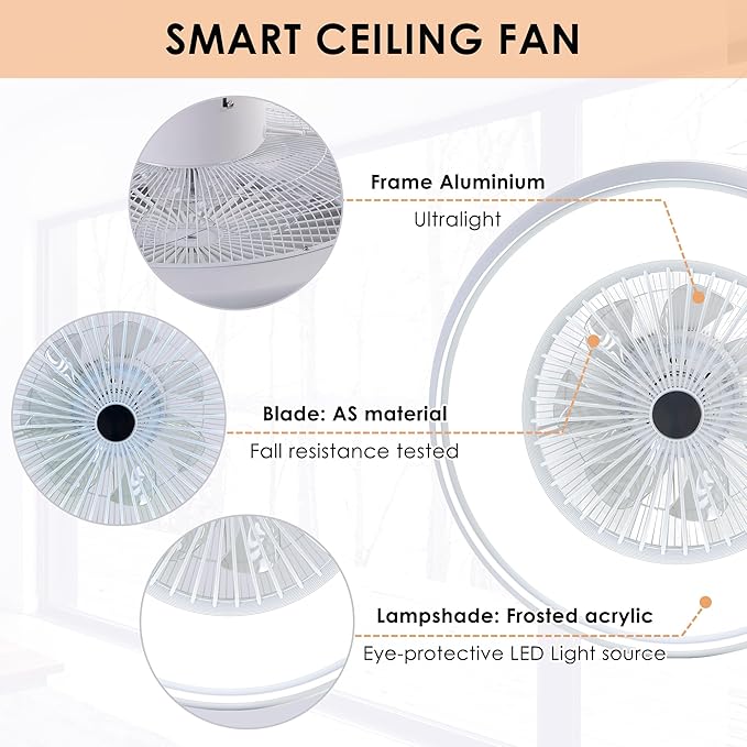 24" Bladeless Ceiling Fan with RGB Light Remote, Smart LED Ceiling Fans with Voice/App Control, Modern Low Profile Dimmable Light Ceiling Fan for Bedroom Living Room White