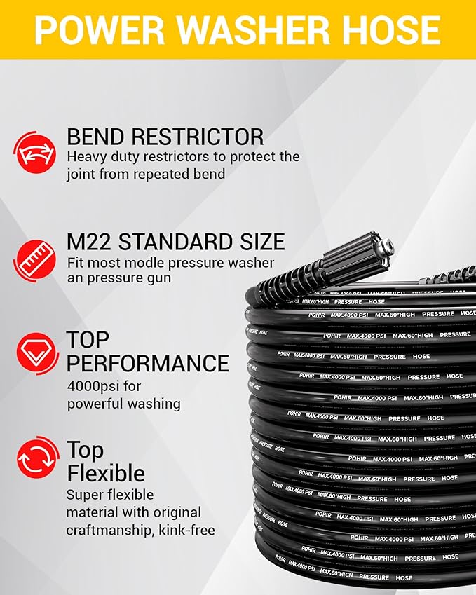 POHIR Pressure Washer Hose 100FT, Kink Resistant Power Washer Replacement Hose 1/4 Inch with M22 14MM Swivel, Lightweight Pressure Washer Extension Hose 4000 PSI