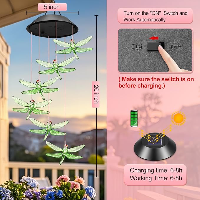 Birthday Gifts for Mom Grandma Wife, Winzwon Solar Lights Outdoor Wind Chimes for Outside Garden Yard Patio Porch Deck Hanging Decor Dragonfly Gifts for Women Her Easter Mothers Day