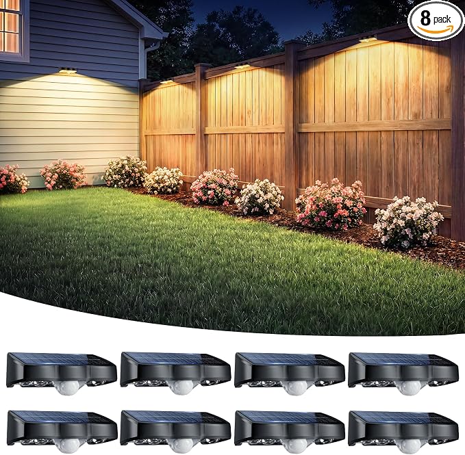 Solar Fence Lights Outdoor with Motion Sensor, 8 Pack Warm White Fence Lights Solar Powered 3 Modes IP65 Waterproof Dusk to Dawn Outdoor Lights for Patio Deck Wall Backyard Garden Decorative