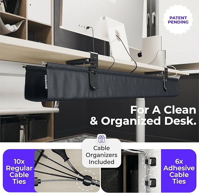 Ascrono Original No Drill Under Desk Cable Management Tray 14.1" - Premium Black Fabric Cable Management Under Desk - Clamp/Screw Mount Cord Organizer - Supports Upto 66lbs
