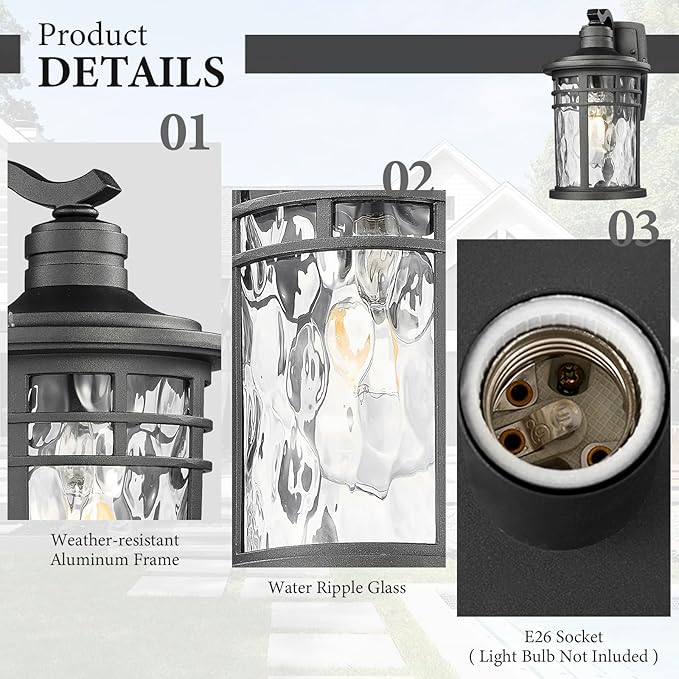 Darkaway Outdoor Porch Lights Wall Mount, Outside Light Fixtures Sconces Wall Lighting with Water Ripple Glass Waterproof Exterior Lights for Patio Yard House Hallway Doorway Garage