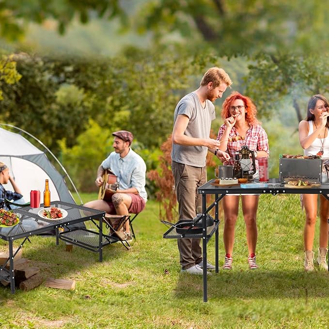 REDCAMP 36x24 Folding Grill Table for Outside with 2 Side Tables, Lightweight Portable Metal Aluminum Outdoor Grill Table with Adjustable Height Legs, Great for Camping Picnic Cooking BBQ, Black 3ft
