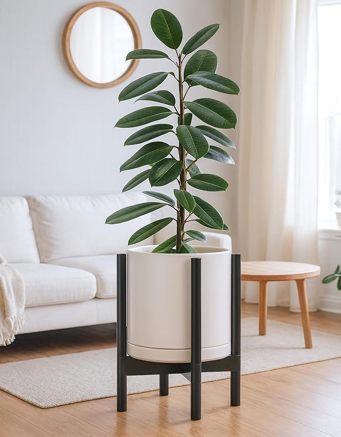 D'vine Dev Ceramic Planter with Ebony Stand - 12 Inch Modern Round Flower Pot with Wood Planter Holder, Oatmeal, 55-B-H-8