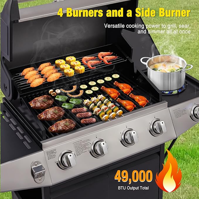 Unovivy 4-Burner Propane Gas Grill with Side Burner, Portable BBQ Grills with Oil Tray and Built-in Thermometer for Outdoor Barbecue, Camping, Patio, Backyard, 49,000 BTU