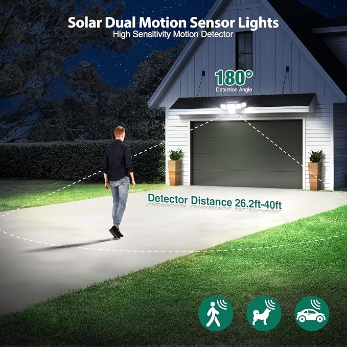 Solar Lights Outdoor, 6000LM 310 LEDs Dual Motion Sensor Solar Flood Lights 6 Heads Security Wall Lights, IP65 Waterproof, Remote Control for Garden, Outside, Backyard, 3 Pack