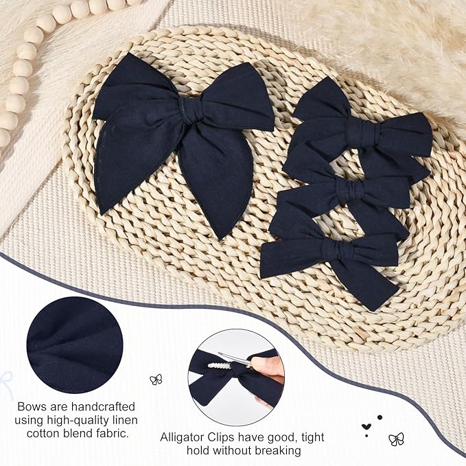 DEEKA 4 PCS Navy Blue Cotton Linen Hair Bows 3 Styles 5" & 4" Handmade Hair Bow set for Toddler Girls Alligator Hair Clips Knot Bows Hair Accessories for Little School Girls (Navy Blue)