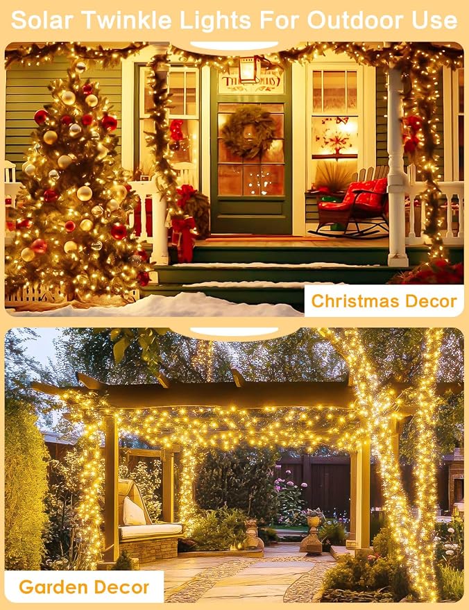 2Pack Solar String Lights Outdoor, 80FT 200LED Solar Fairy Lights, Waterproof Copper Wire & 8 Modes, Solar Twinkle Light for Garden, Tree, Wedding, Christmas Decorations, Patio, Fence (Warm White)