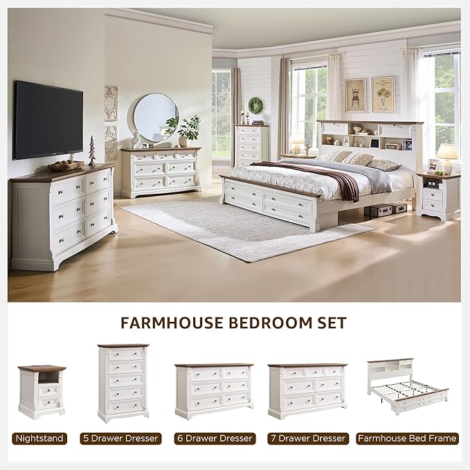 Farmhouse Queen Size Bed Frame with 54" Tall Storage Bookcase Headboard, Wood Platform Bed Frame with 2 Drawers & 18" Tall Roman Column Decoration Footboard, No Box Spring Needed(Antique White)