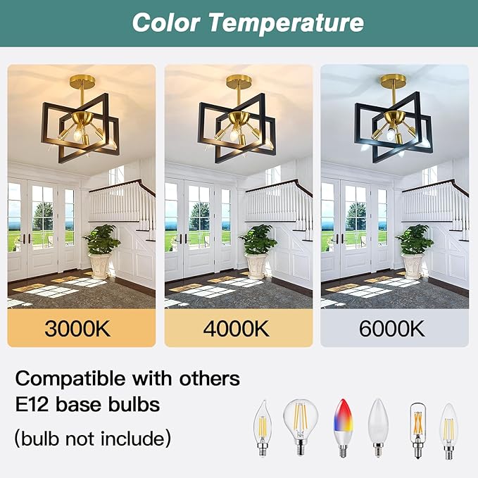 ZGLAOJT 4-Lights Ceiling Light Fixture Modern Black and Gold Semi Flush Mount Ceiling Lighting Matte Chandelier for Bedroom Kitchen Foyer Hallway Living Room Farmhouse
