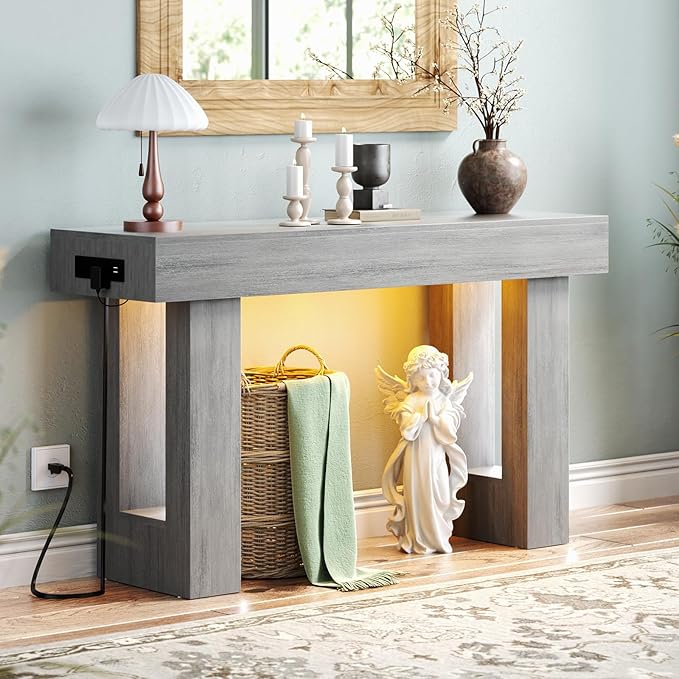 Unikito 47" Entryway Table with Socket and Sensor Light, Narrow Console Table with Storage Behind Couch, Farmhouse Entry Way Tables with Open Storage for Entrance/Hallway/Living Room, White Oak