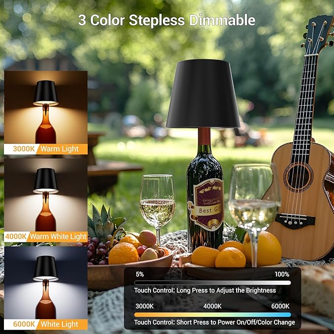 Wireless LED Wine Bottle Lamp Shade - Portable 5 Color Stepless Dimming Rechargeable Touch Light With Stopper for Any Liquor Bottle, Bars, Restaurants - Silver Glossy