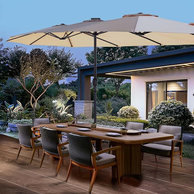 wikiwiki 15ft Large Patio Umbrellas with Base Included, Outdoor Double-Sided Umbrella with Crank Handle, Powerful UV Protective, for Pool Lawn Garden, Beige