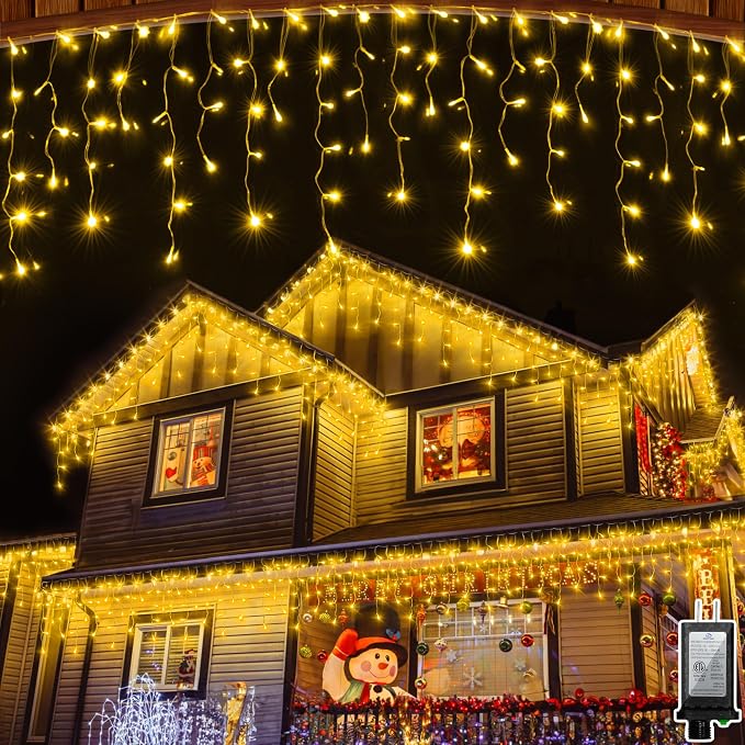 504LED 50ft Christmas Lights, 112Drops 12 Modes Warm White Christmas String Lights Outdoor Dimmable, Waterproof Christmas Decoration Fairy Lights with Timer for Indoor Eaves Party Patio Window Fence