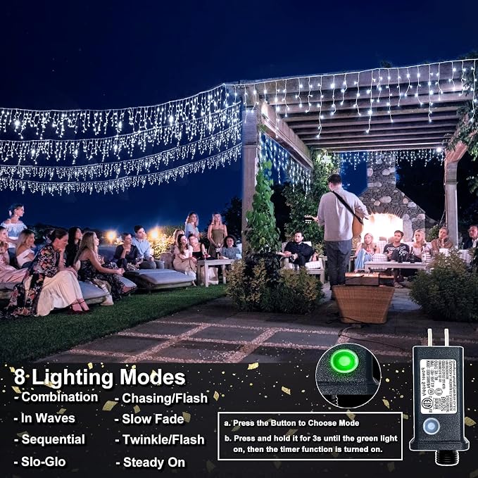 Icicle Lights for Outside - 33FT 400 LED Icicle Christmas Lights Outdoor with 75 Drops 8 Modes, Waterproof Connectable Curtain Hanging Lights for Indoor Eaves Wedding Patio Decorations, Cool White
