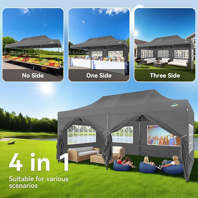 COBIZI 10x20 Pop up Canopy Heavy Duty Tent with 6 Sidewalls, Easy Set-up Commercial Outdoor Party Canopy, 100% Waterproof Wedding Gazebo, 3 Height Adjustable with Wheeled Bag,Gray