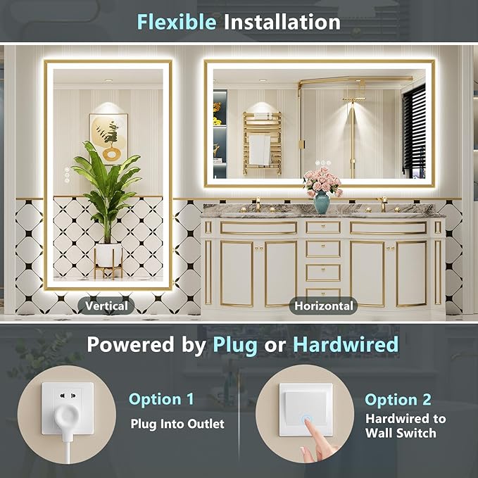 77x36 Gold Beveled LED Bathroom Mirror with Lights, Brushed Gold Framed Backlit and Front Lit Anti-Fog Lighted Vanity Mirrors for Bathroom Wall, Dimmable, 3 Colors, Memory, HD Tempered Glass