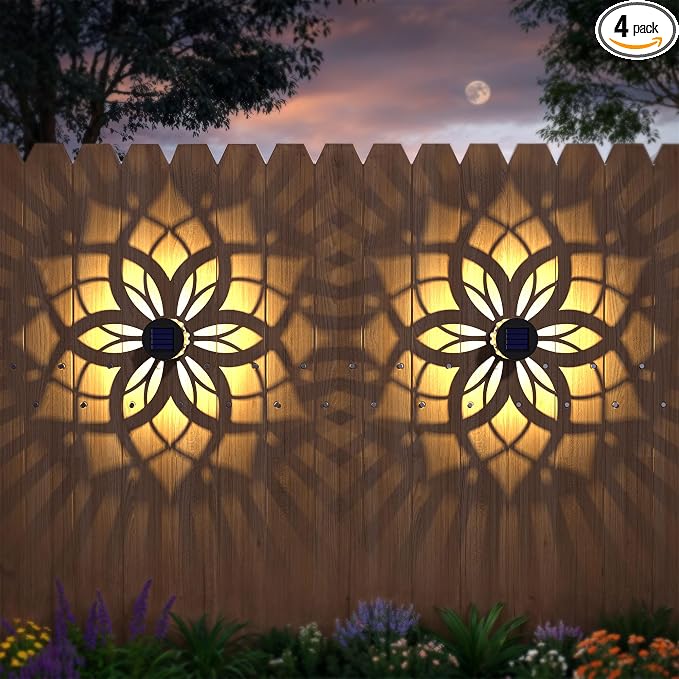 4 Pack Solar Fence Lights Metal Solar Powered Outdoor Wall Deck Step Lights Mandala Theme Waterproof Fence Light for Garden Post Patio Backyard Yard Decor, Gardening Gifts for Women Mom Grandma